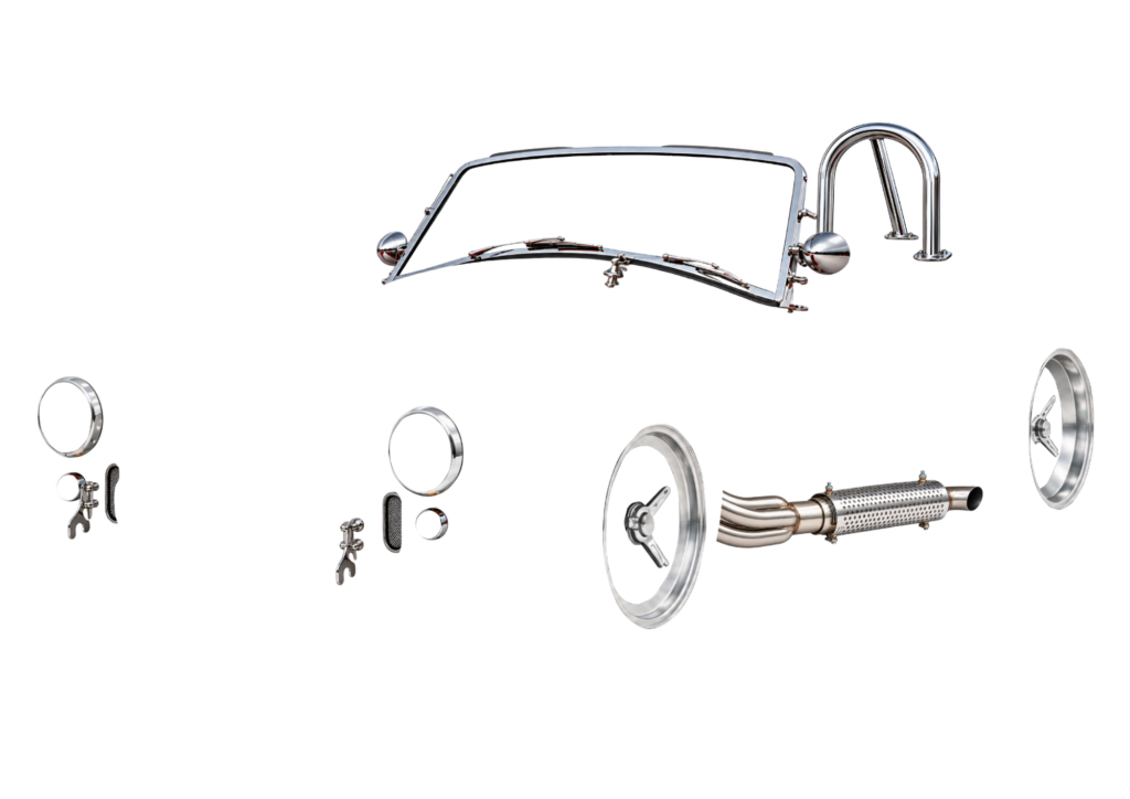 Wheel rims, exhaust, windscreen frame and roll bar
